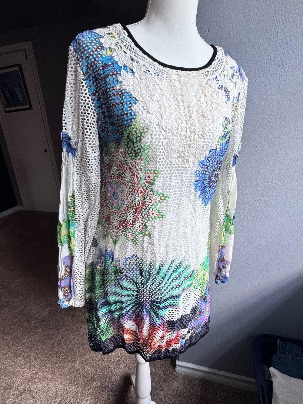 Alberto Makali White Crochet Overlay Top with Black Trim